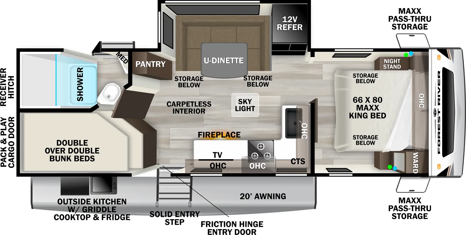 The Wildcat Travel Trailers 245DBX floorplan has two entries and one slide out. Exterior features include: fiberglass exterior, 20' awning and outside kitchen. Interiors features include: bunk beds and u-dinette.